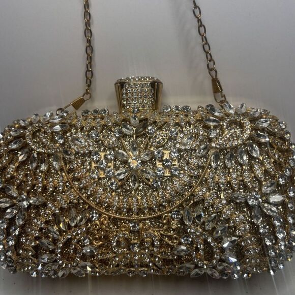 Designer Gold Jeweled Rhinestone Studded Evening Chain Clutch Purse Womens - Picture 4 of 8